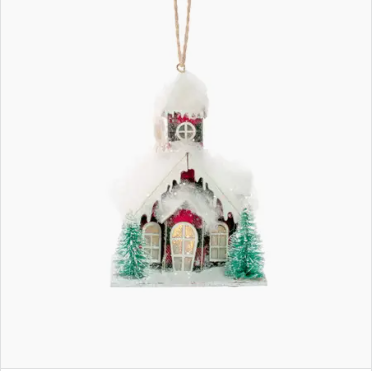 Red plaid snow covered church led ornament
