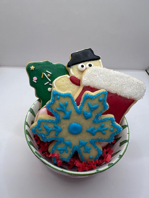 Decorated Festive cookies in designer bowl