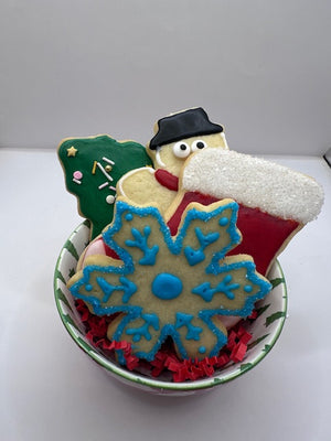 Decorated Festive cookies in designer bowl