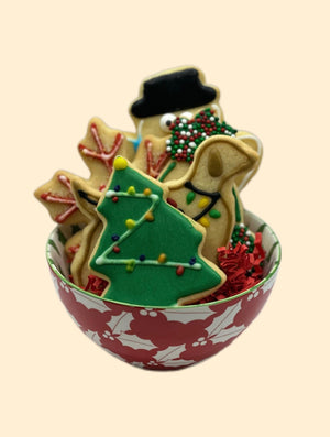 Decorated Festive cookies in designer bowl