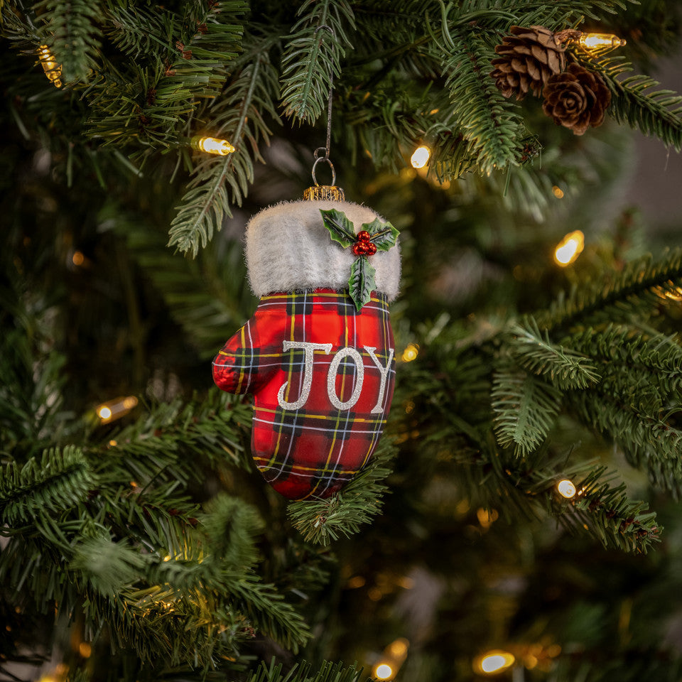 Plaid Joy Mitten Glass Ornament