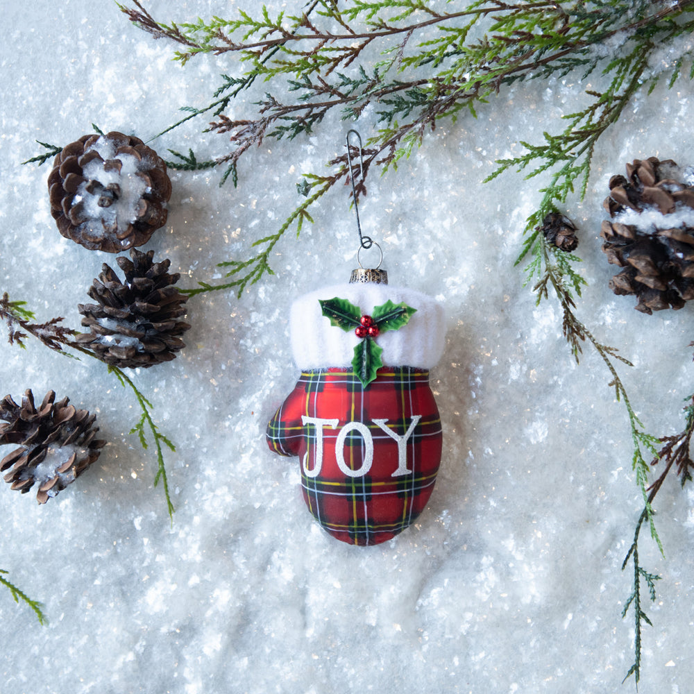 Plaid Joy Mitten Glass Ornament